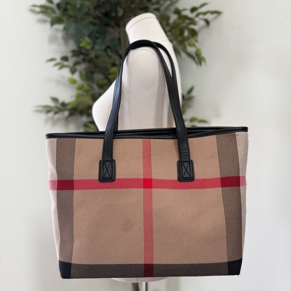 Beige Plaid Tote with Black Trim and Red Accents
